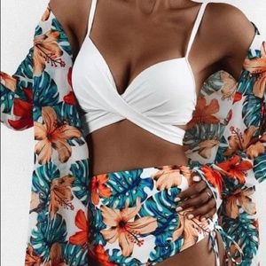 LAST ONE 3Pc Tropical Bikini Set-White/Orange/Teal